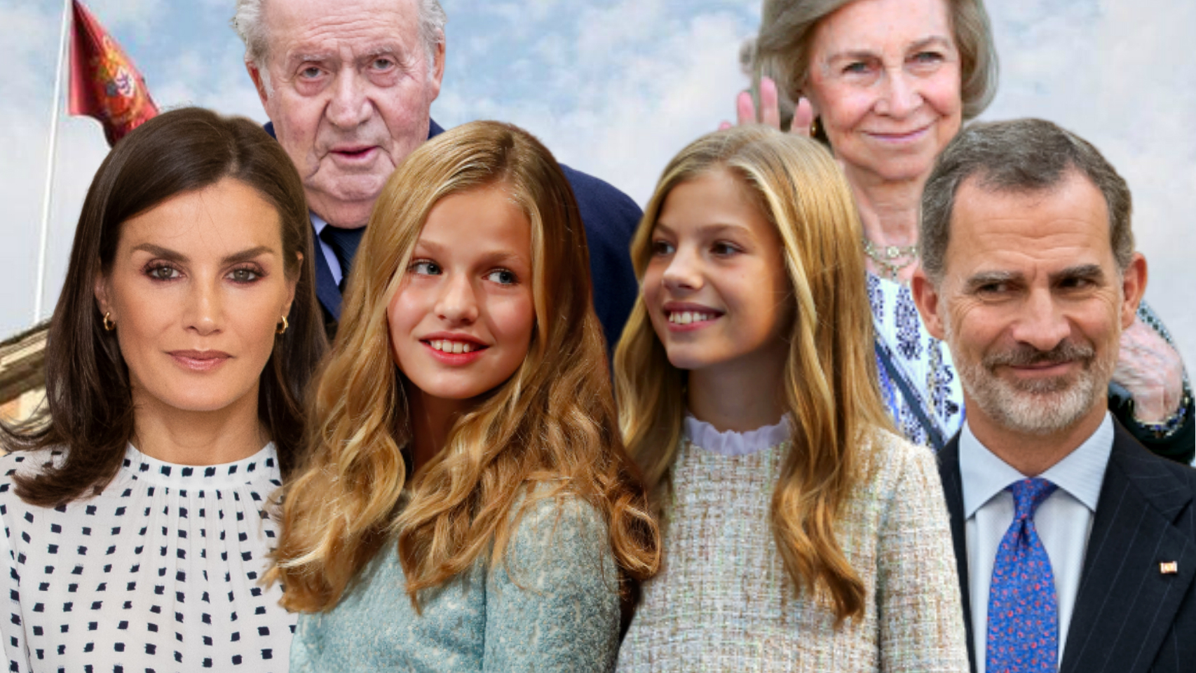 Letizia, la princesa Leonor, la infanta Sofía, el rey Felipe, Juan Carlos I y la reina Sofía, en un montaje de JALEOS.