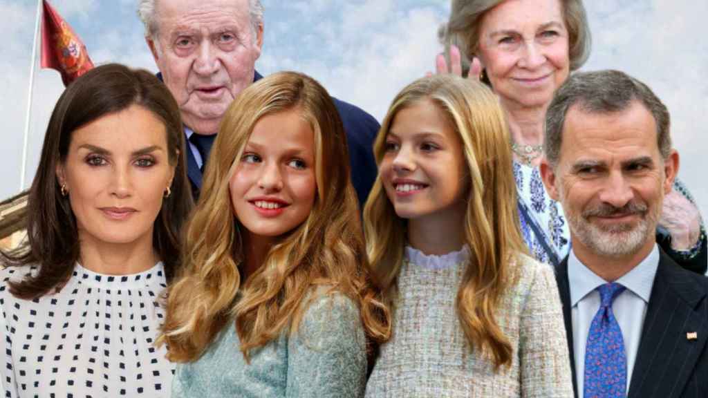 Letizia, la princesa Leonor, la infanta Sofía, el rey Felipe, Juan Carlos I y la reina Sofía, en un montaje de JALEOS.