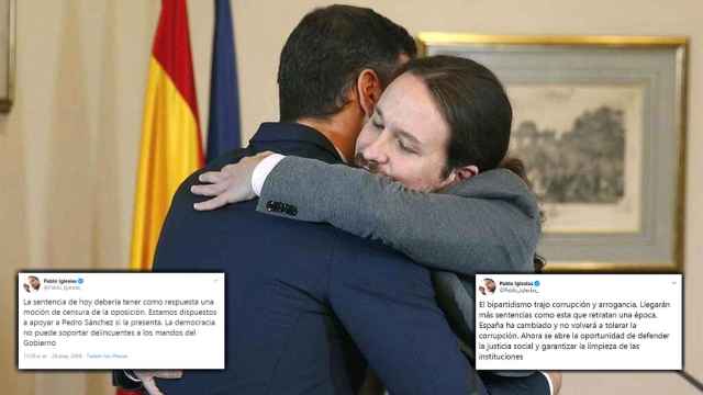 Pedro Sánchez abraza a Pablo Iglesias, entre sus dos tuits sobre las sentencias del 'caso Gürtel' y la de los ERE.