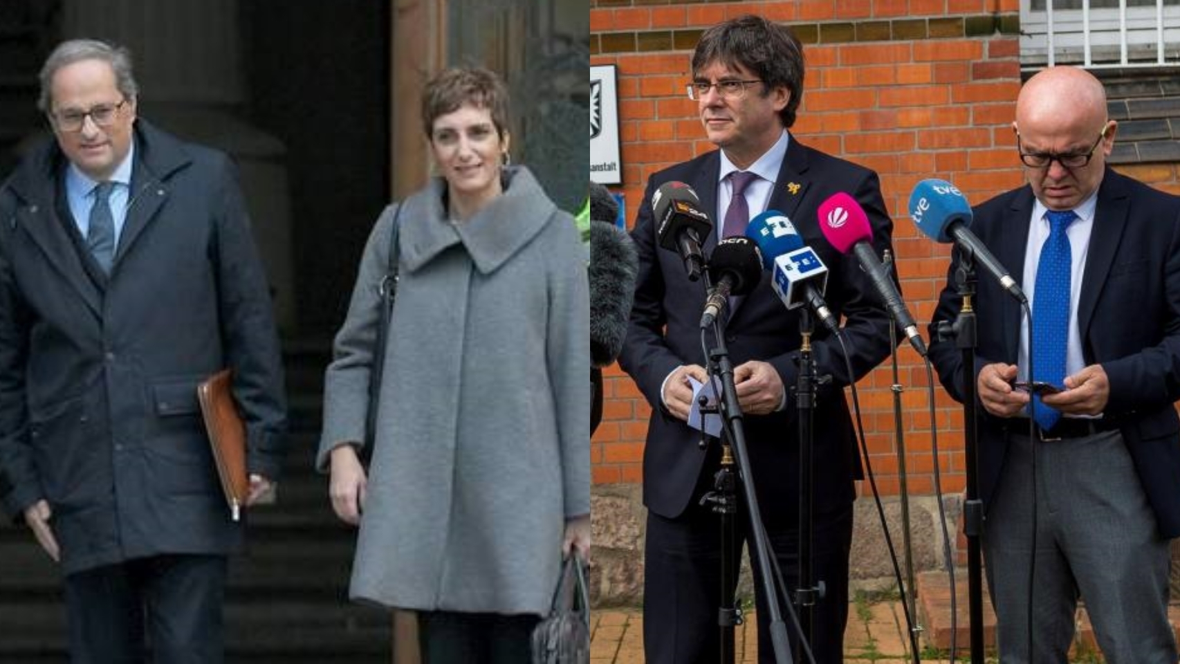 A la izquierda, Quim Torra e Isabel Elbal. A la derecha, Carles Puigdemont y Gonzalo Boye.