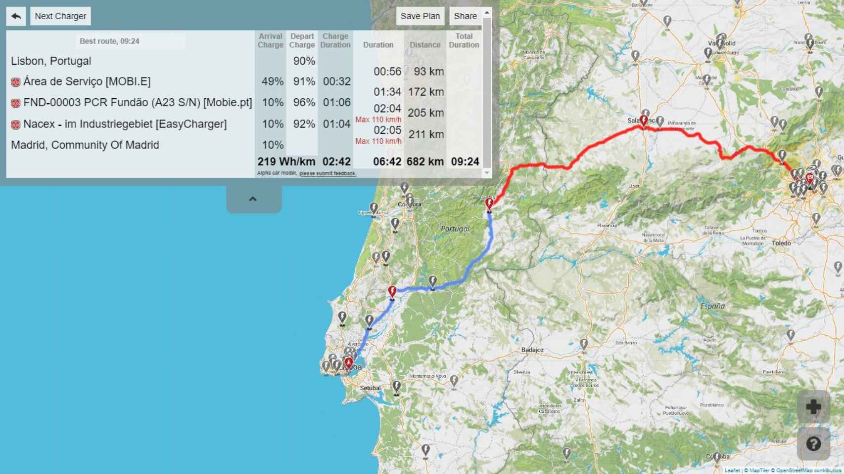 La ruta con el Leaf e+ se iría a más de 9 horas y no pasaría por Extremadura.