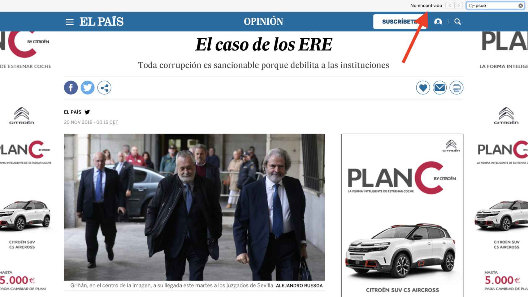 Resultado de la búsqueda de la palabra PSOE en el editorial de El País: cero resultados.