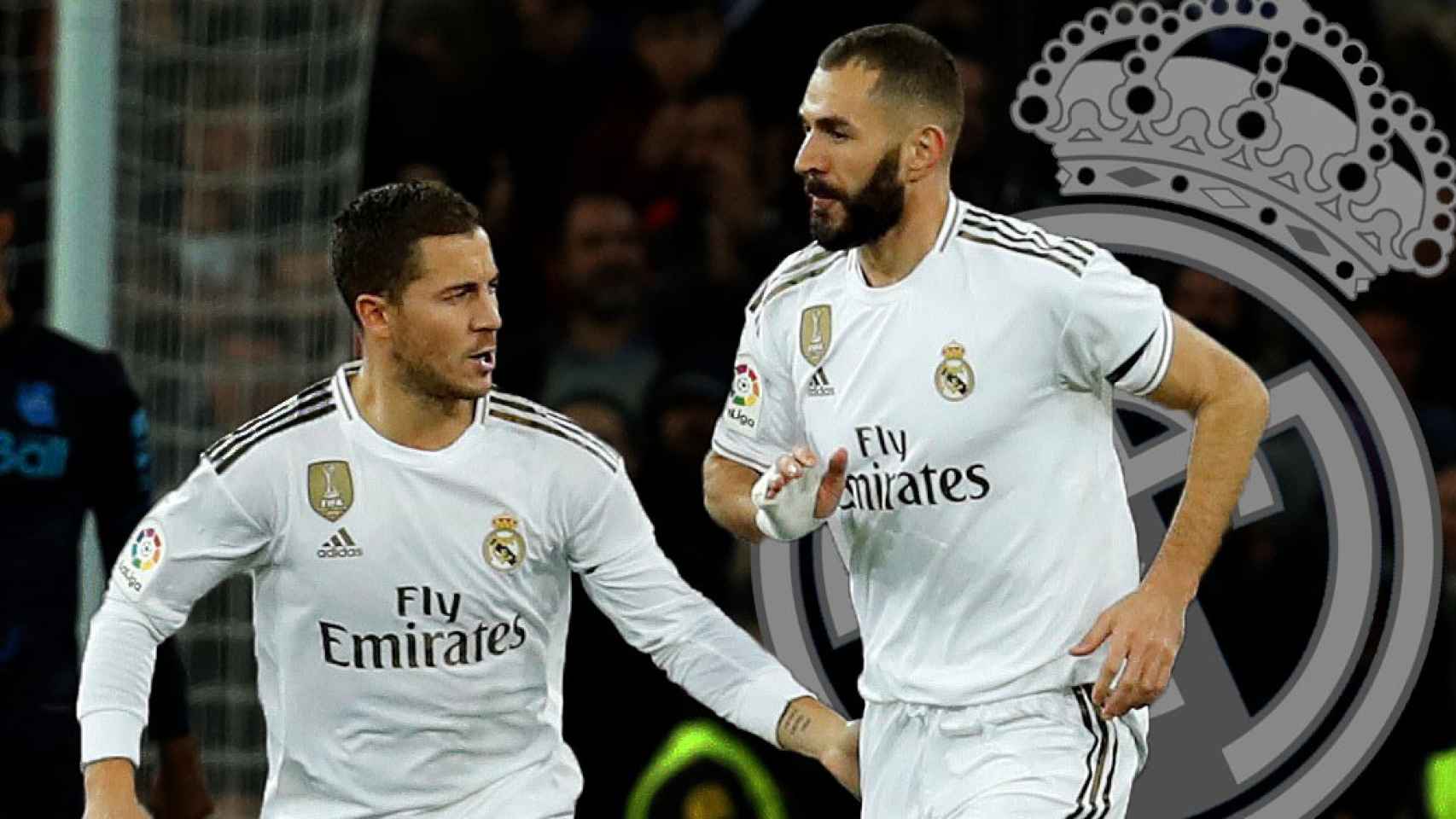 Hazard y Benzema celebran un gol del Madrid
