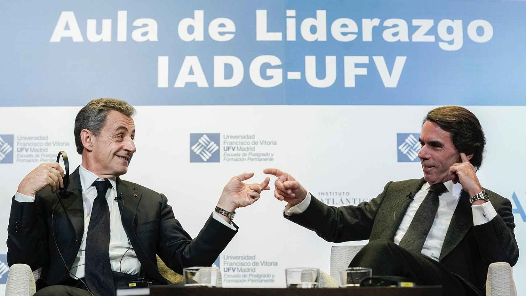 Nicolás Sarkozy y José María Aznar durante su charla en una universidad madrileña.