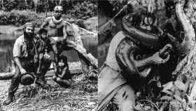 Miguel de la Quadra Salcedo con miembros de una tribu del Amazonas y luchando con una anaconda.
