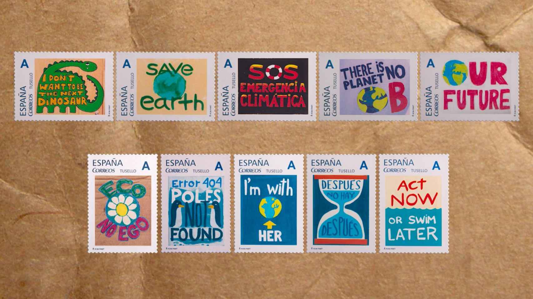 Imagen de los diez diseños de la colección de sellos de Correos en favor del clima.