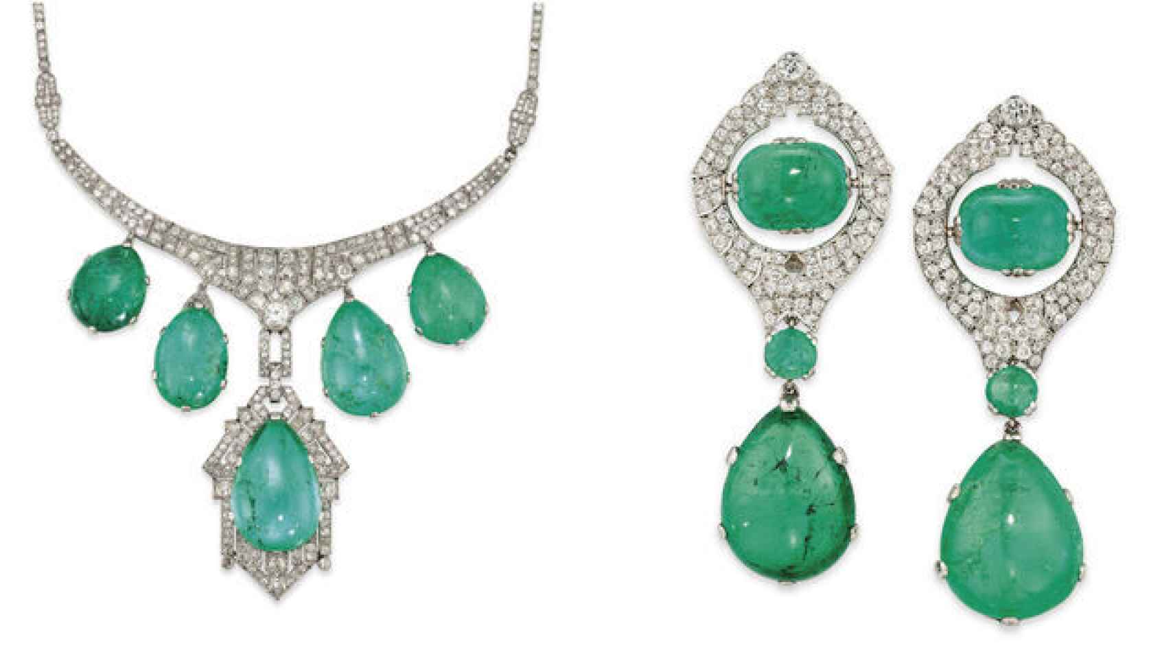 Detalle del collar de esmeraldas con gargantilla de platino y diamantes y pendientes a juego que se ha subastado este miércoles en Christie's.