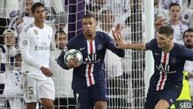 Mbappé celebra su gol al Real Madrid en el Santiago Bernabéu
