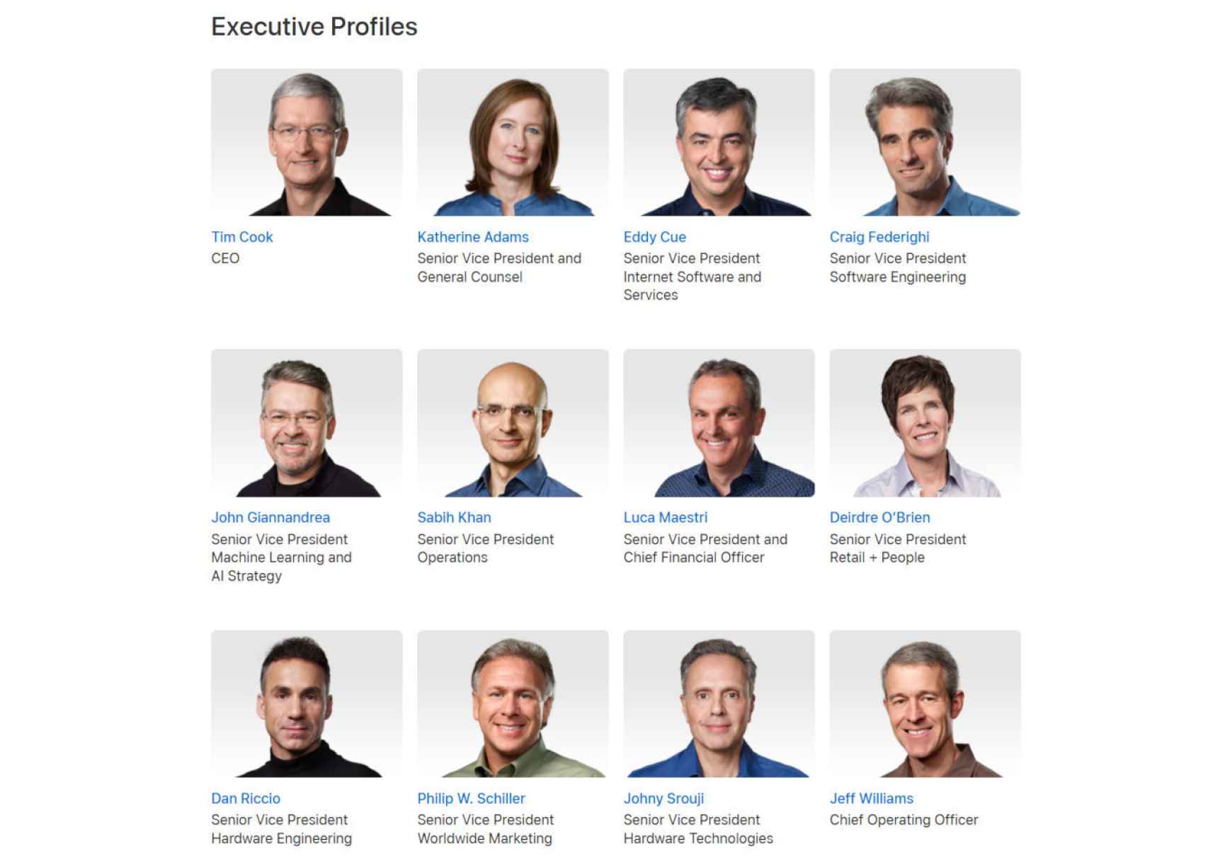 Página de ejecutivos de Apple, sin Jony Ive
