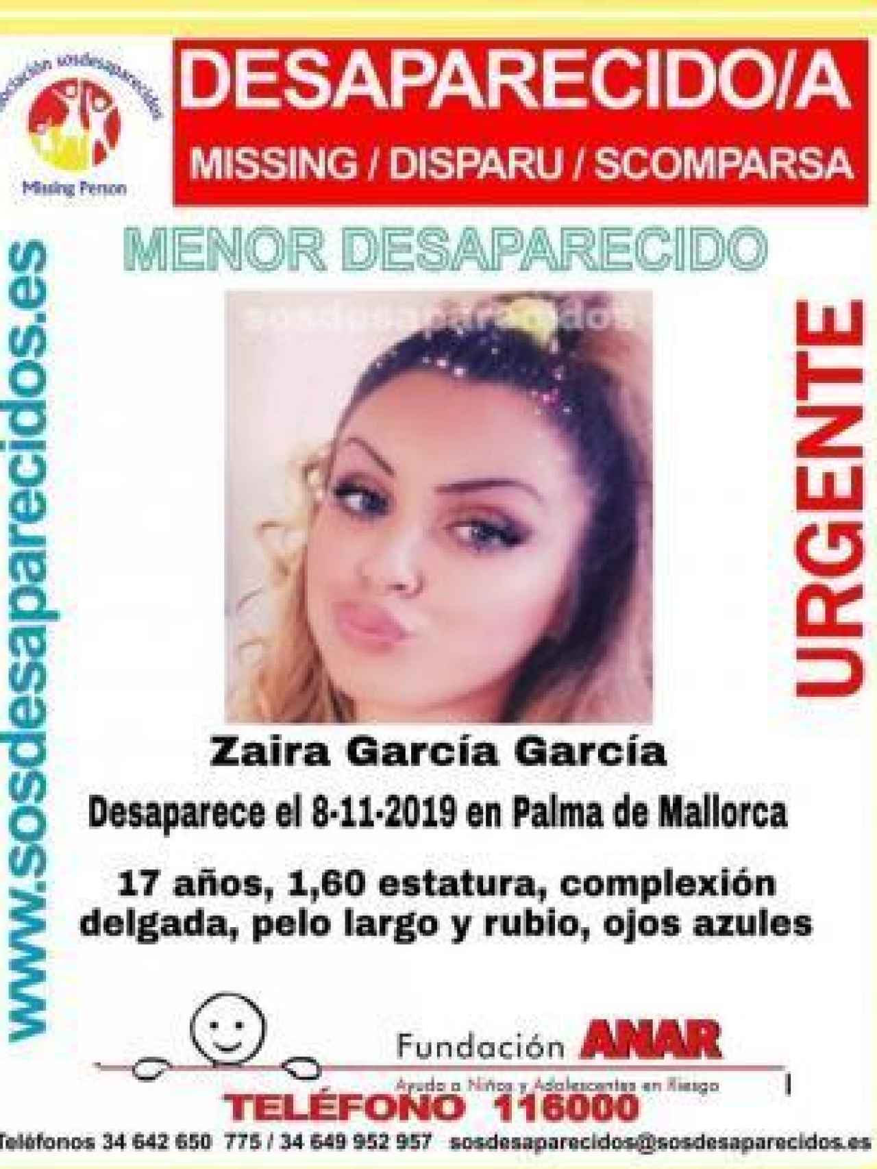 Cartel que denuncia la desaparición de la menor Zaira García