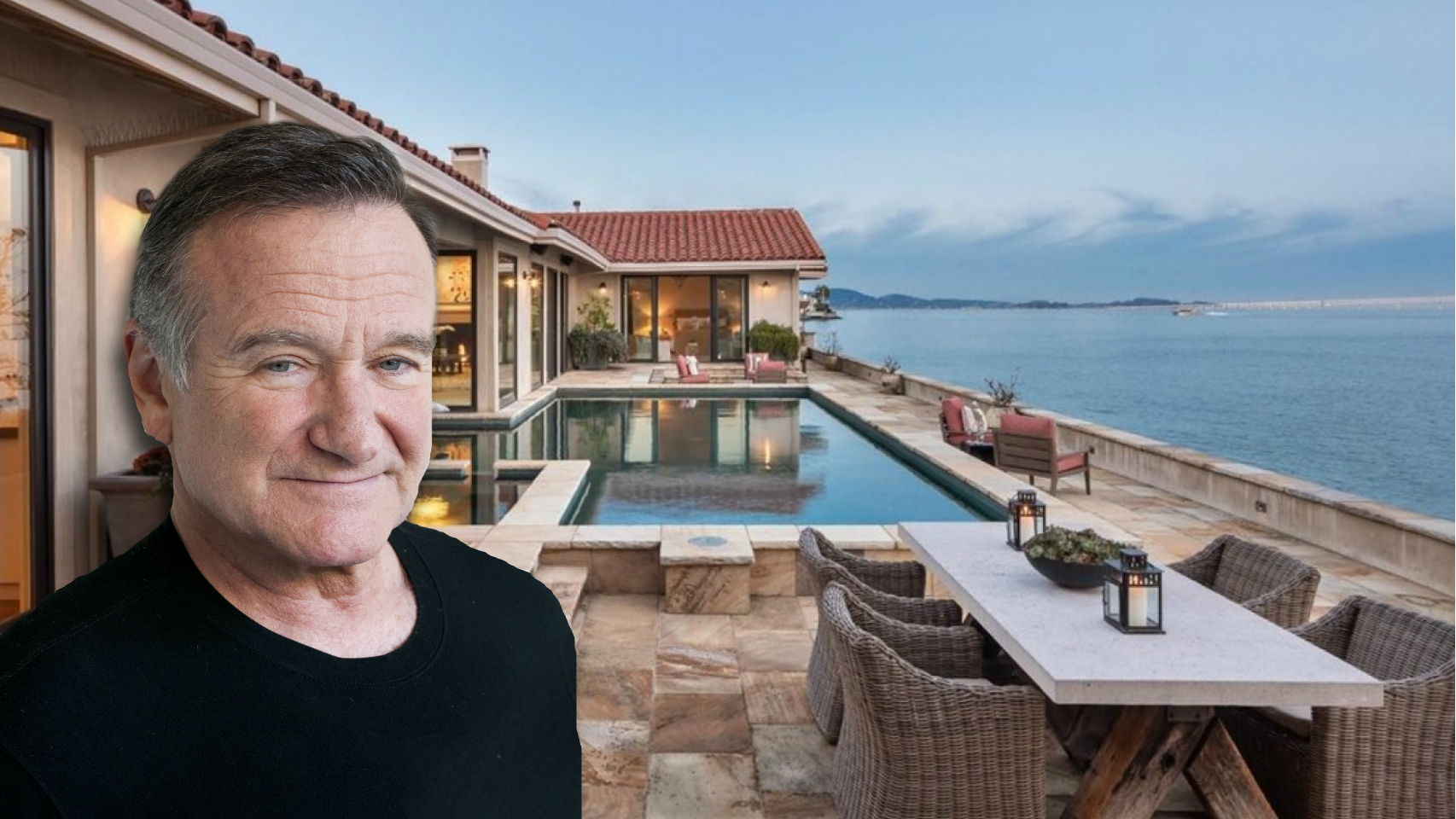 Robin Williams en un montaje de JALEOS frente a la casa en la que se suicidó.