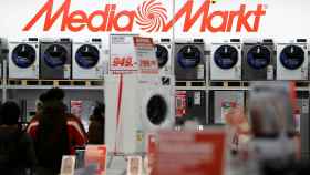 The logo of consumer electronics retailer Media Markt is pictured as people shop during Black Friday deals in Berlin