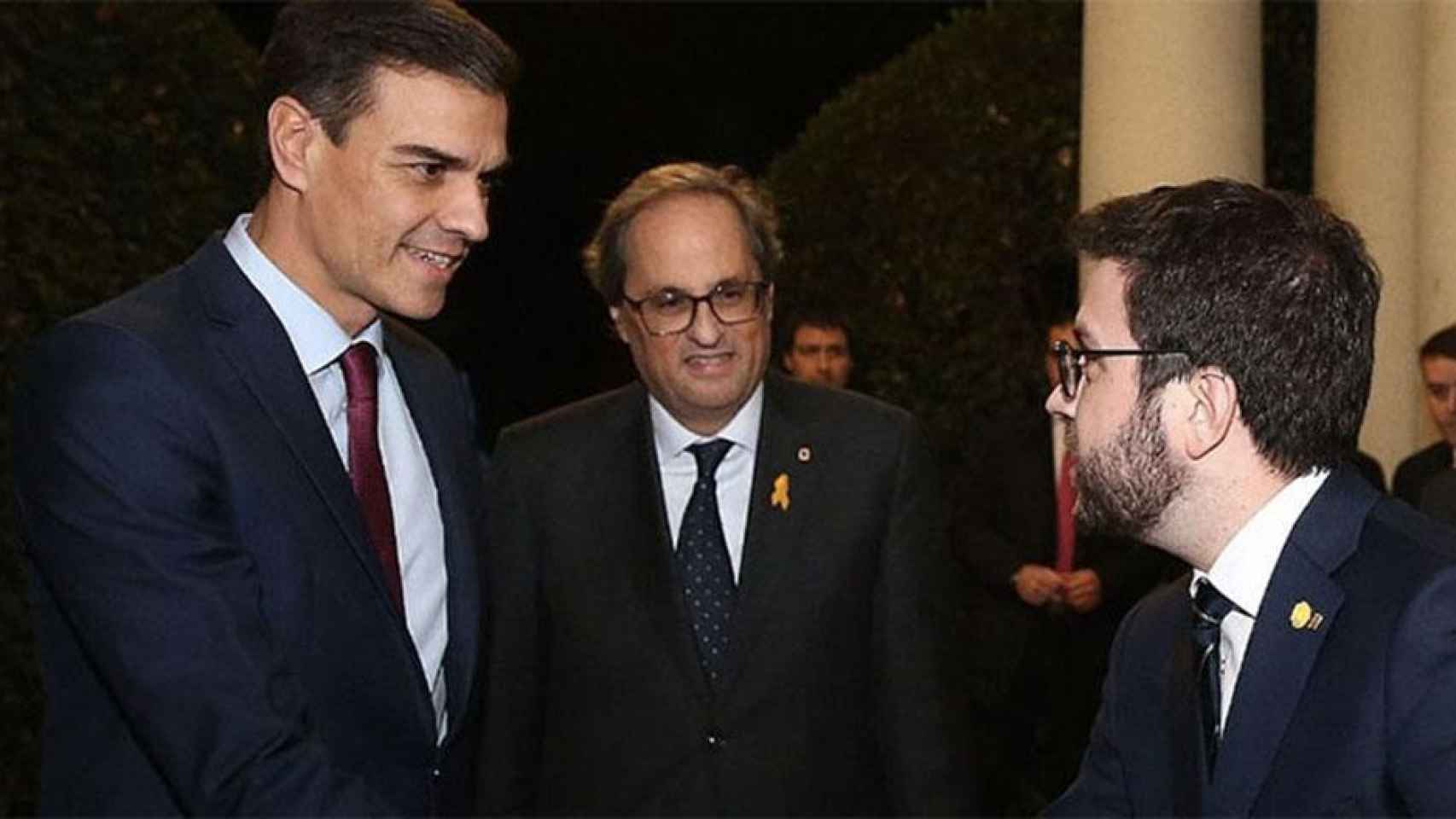 Pedro Sánchez, Quim Torra y Pere Aragonès, en la cumbre de Pedralbes.