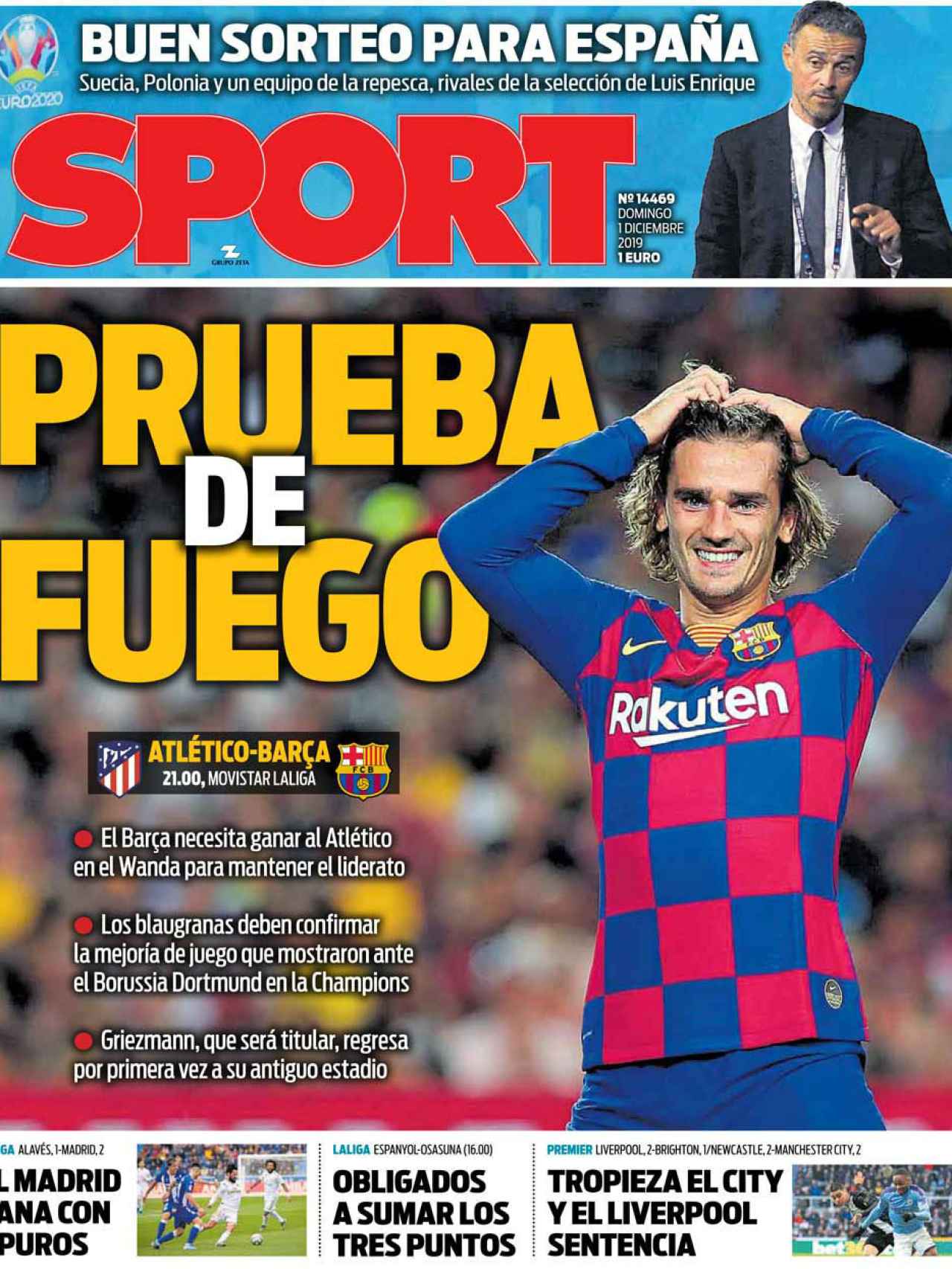 La portada del diario Sport (01/12/2019)