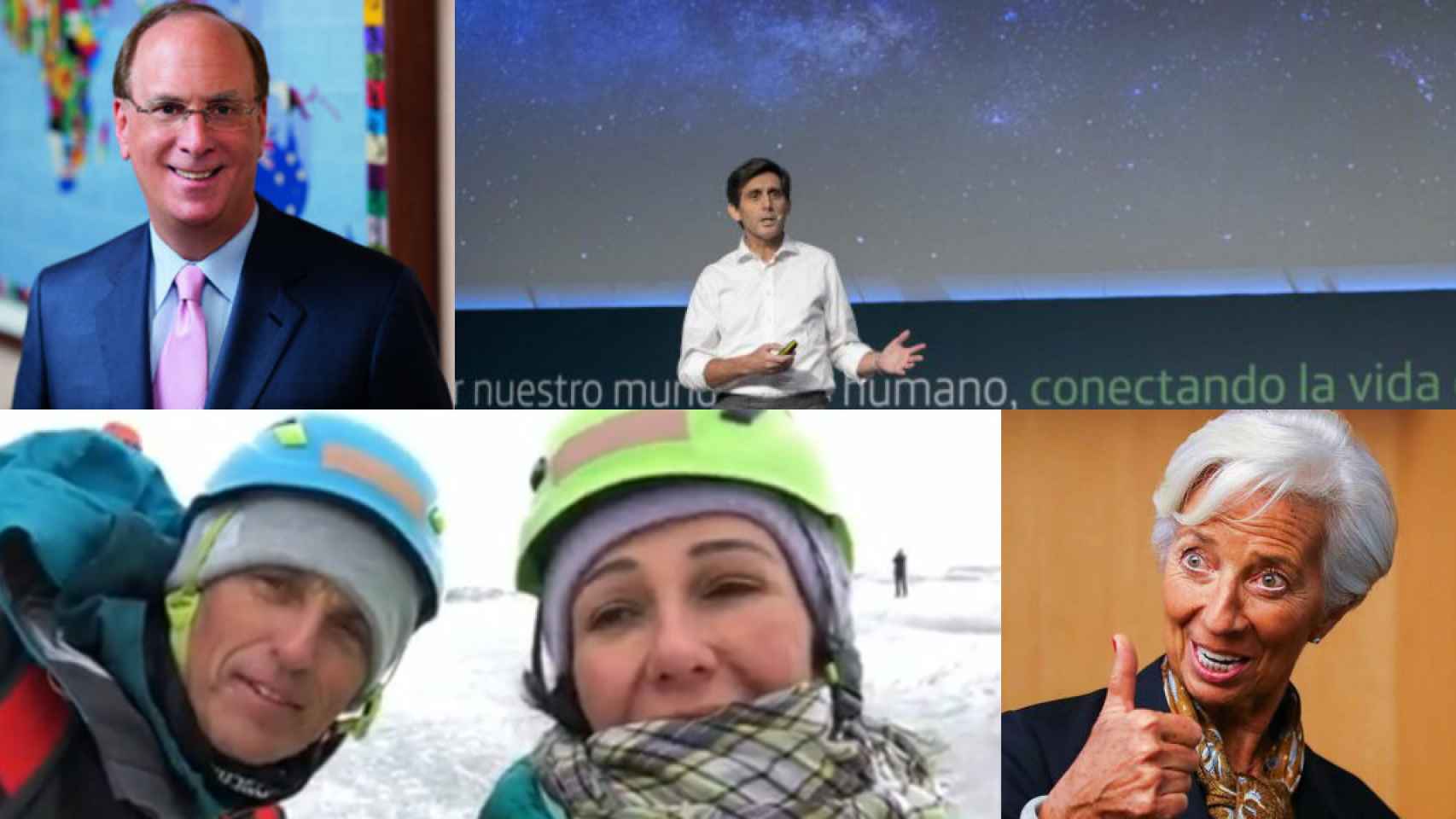Larry Fink, José María Álvarez-Pallete, Ana Botín con Jesús Calleja y Christine Lagarde.