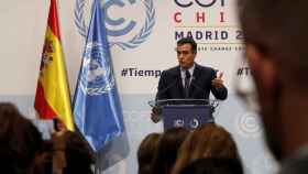 Pedro Sánchez, durante una de sus pocas ruedas de prensa, este lunes en la cumbre de la ONU.