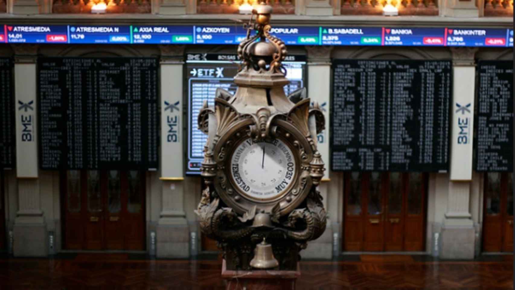 Reloj del parqué de la Bolsa de Madrid.