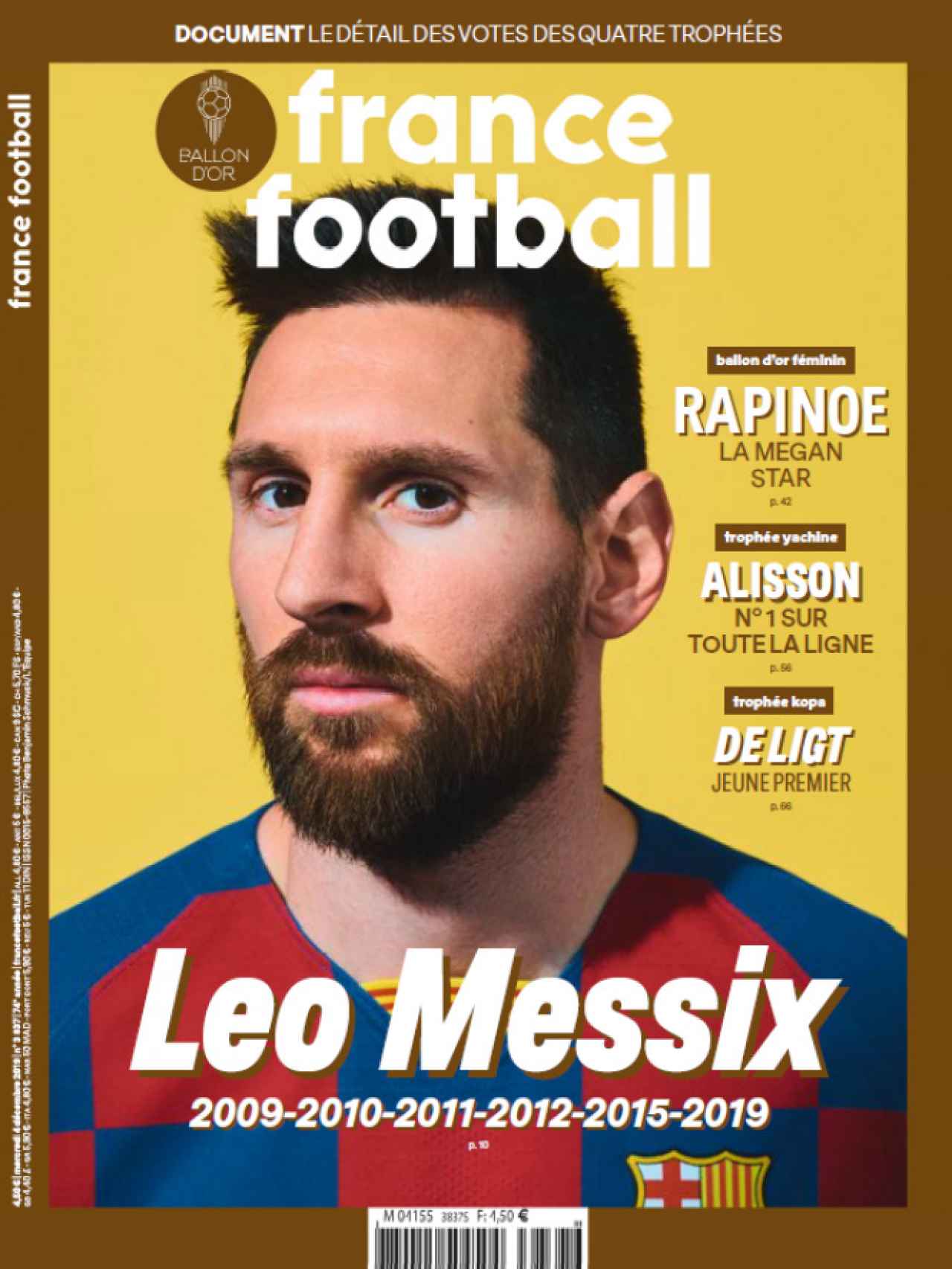 La portada de France Football del Balón de Oro 2019