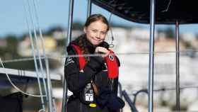 Greta Thunberg llega al puerto de Santo Amaro de Lisboa.