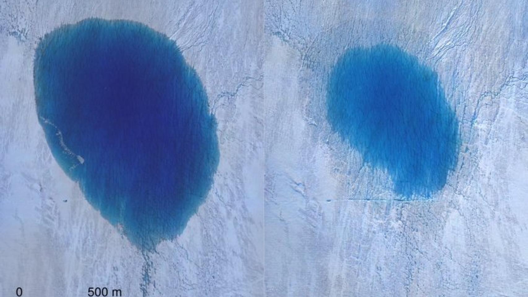 El lago, antes y después del drenaje relámpago.