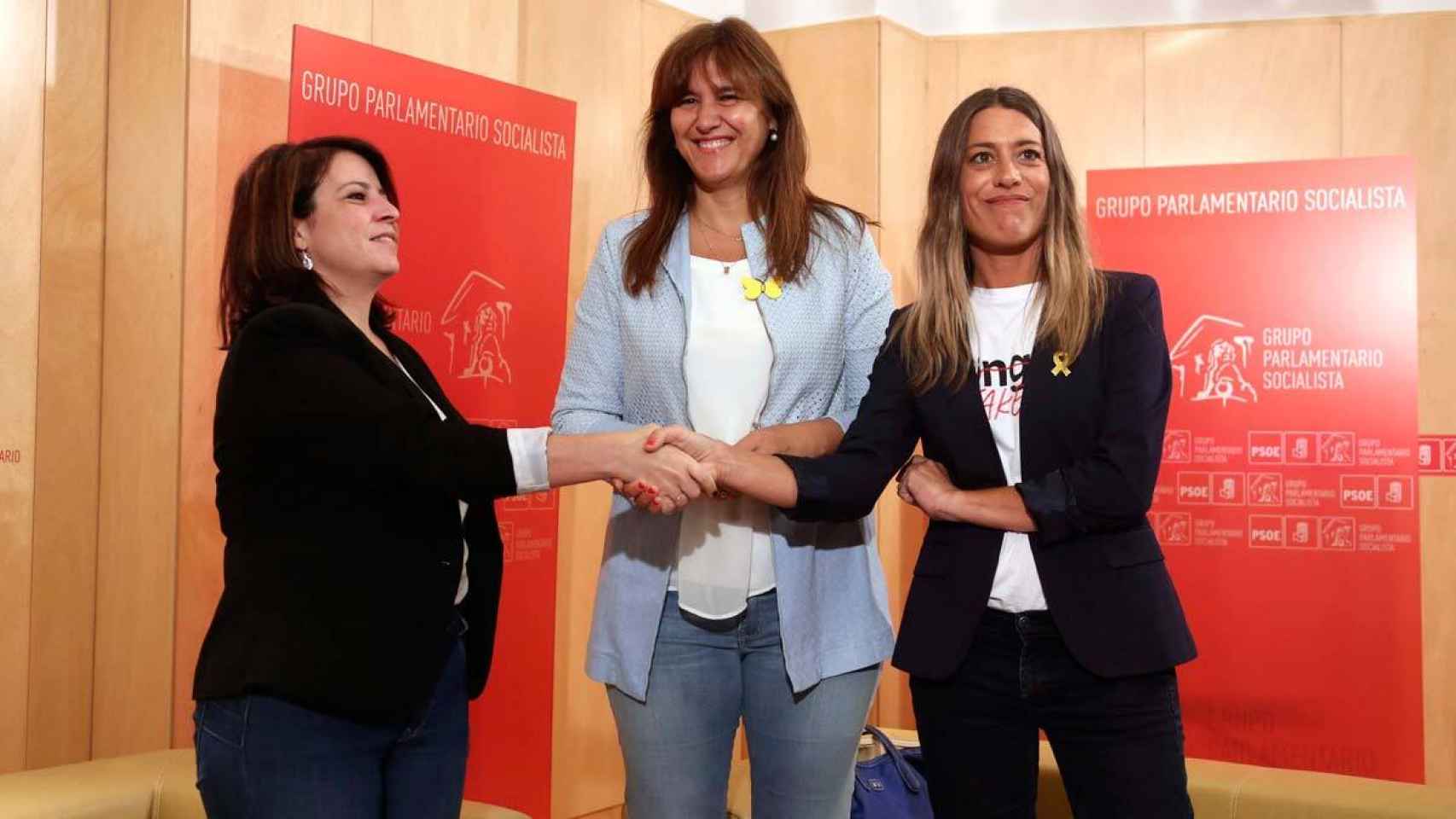 Adriana Lastra con Laura Borràs y Miriam Nogueras el pasado mes de junio.