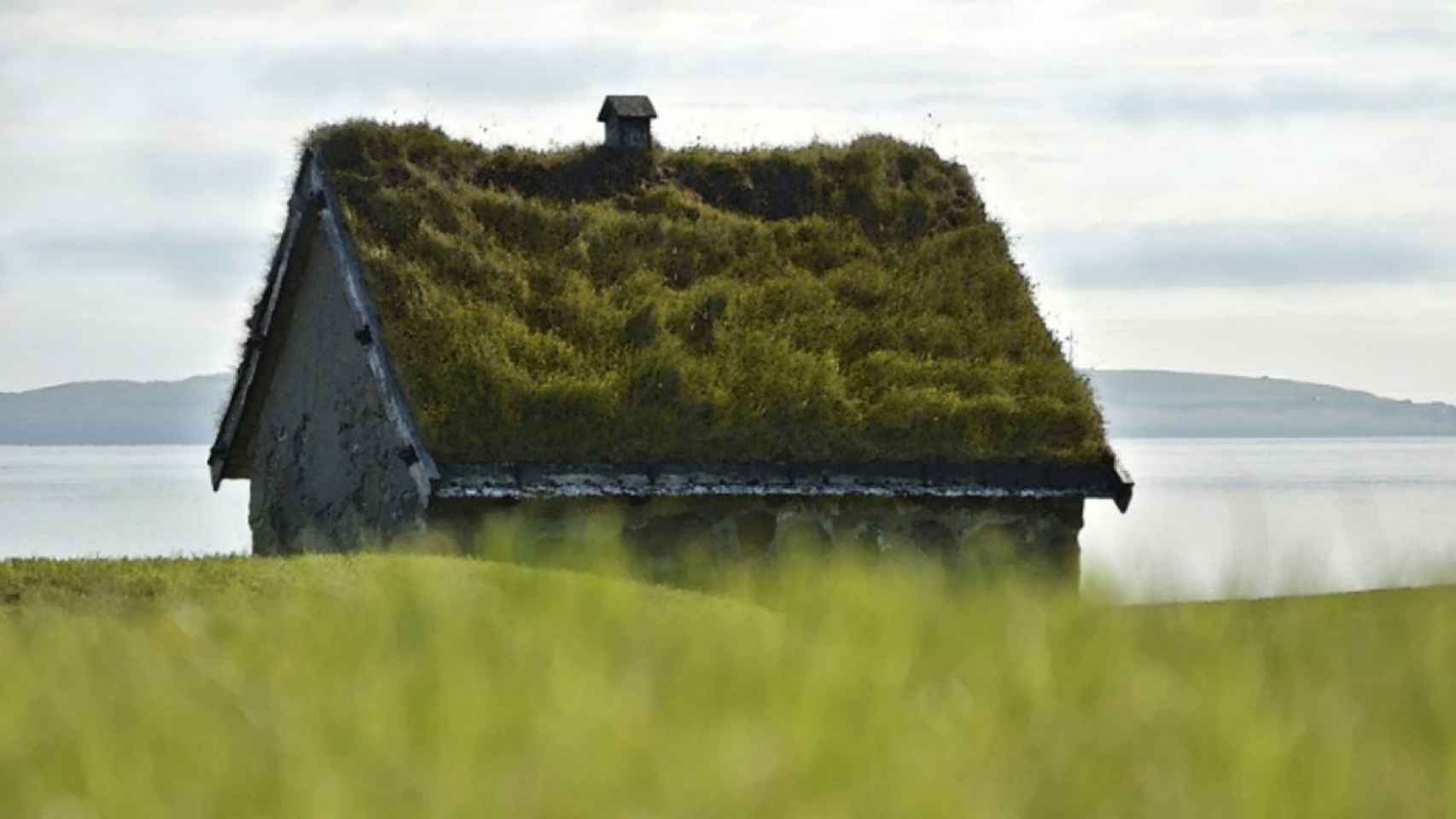 Una casa de campo con tejado con hierba.
