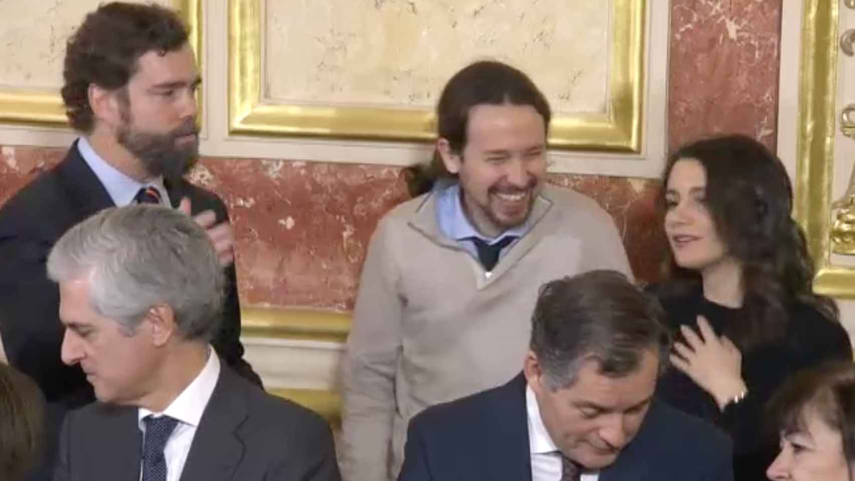 Iván Espinosa de los Monteros (Vox), Pablo Iglesias (Podemos) e Inés Arrimadas (Cs).