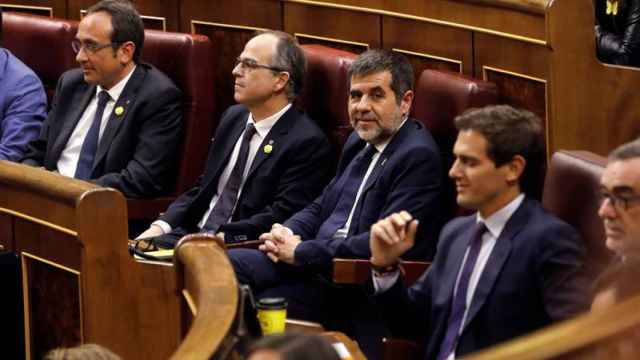 Josep Rull, Jordi Turull y Jordi Sànchez en el Congreso de los Diputados.