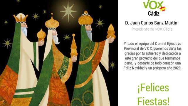 Los reyes magos en la felicitación navideña de Vox en Cádiz.