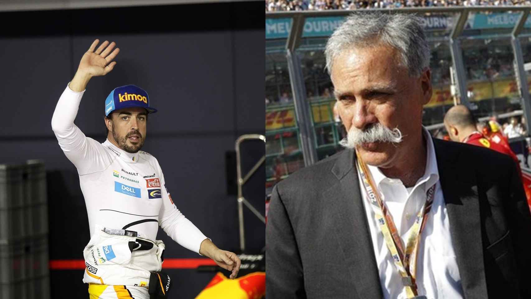 Fernando Alonso y Chase Carey, director ejecutivo de operaciones de la Fórmula 1
