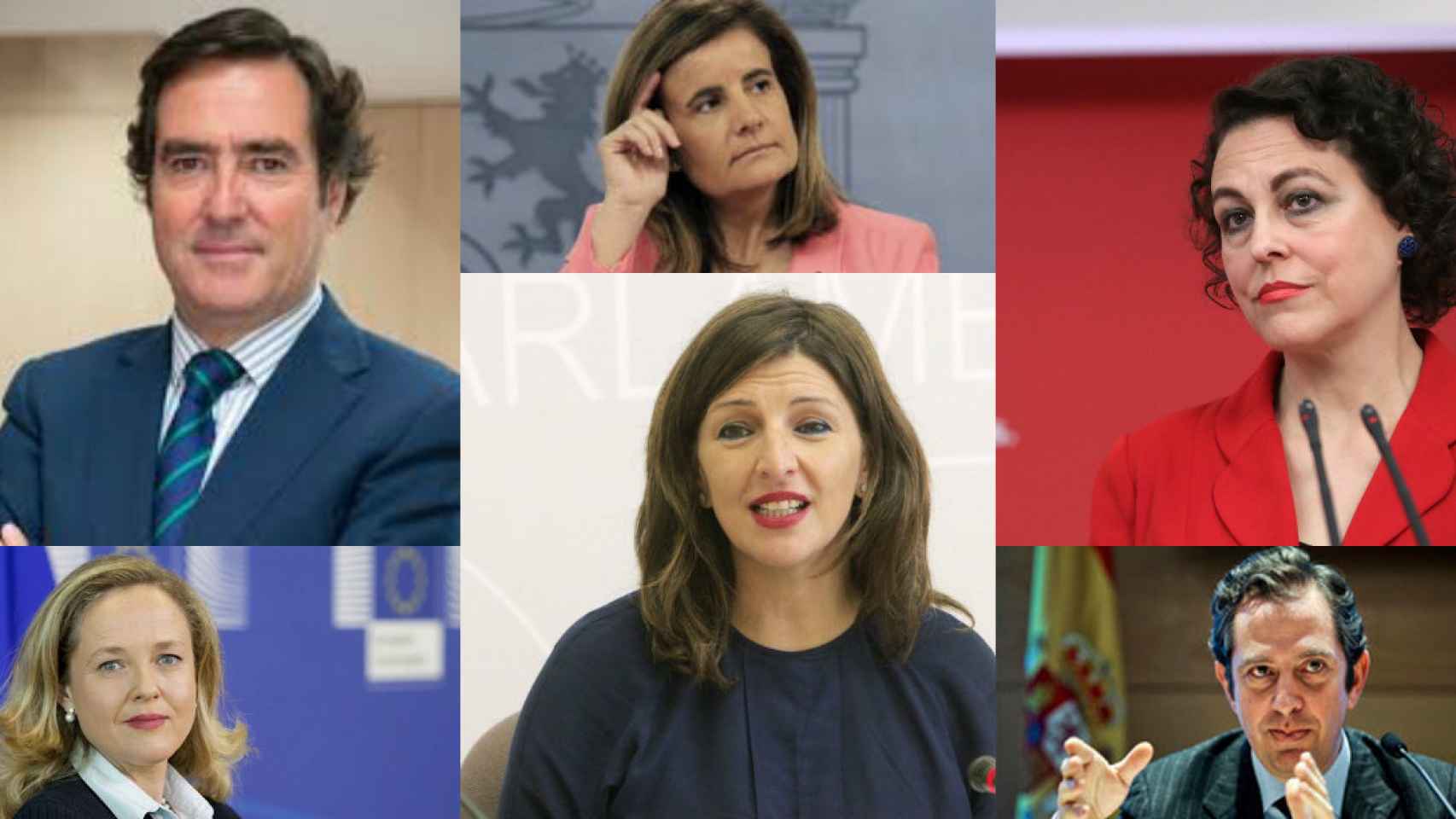 Antonio Garamendi, Fátima Báñez, Magdalena Valerio, Nadia Calviño, Yolanda Díaz e Íñigo Fernández de Mesa.