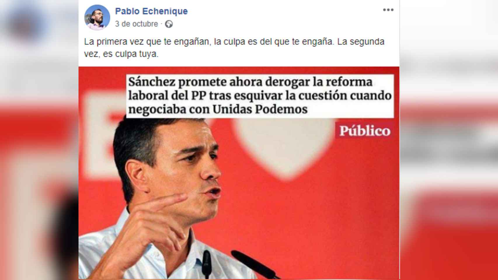 Otra de las publicaciones de Echenique contra Pedro Sánchez, en Facebook.