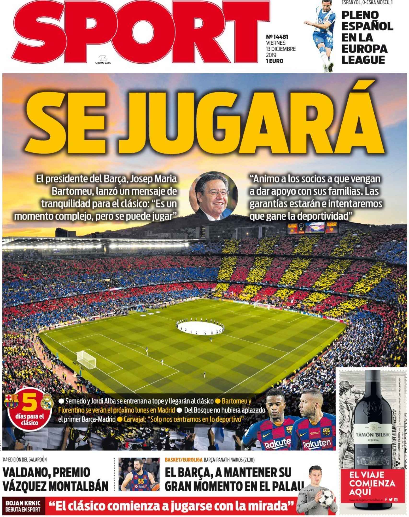 La portada del diario Sport (13/12/2019)