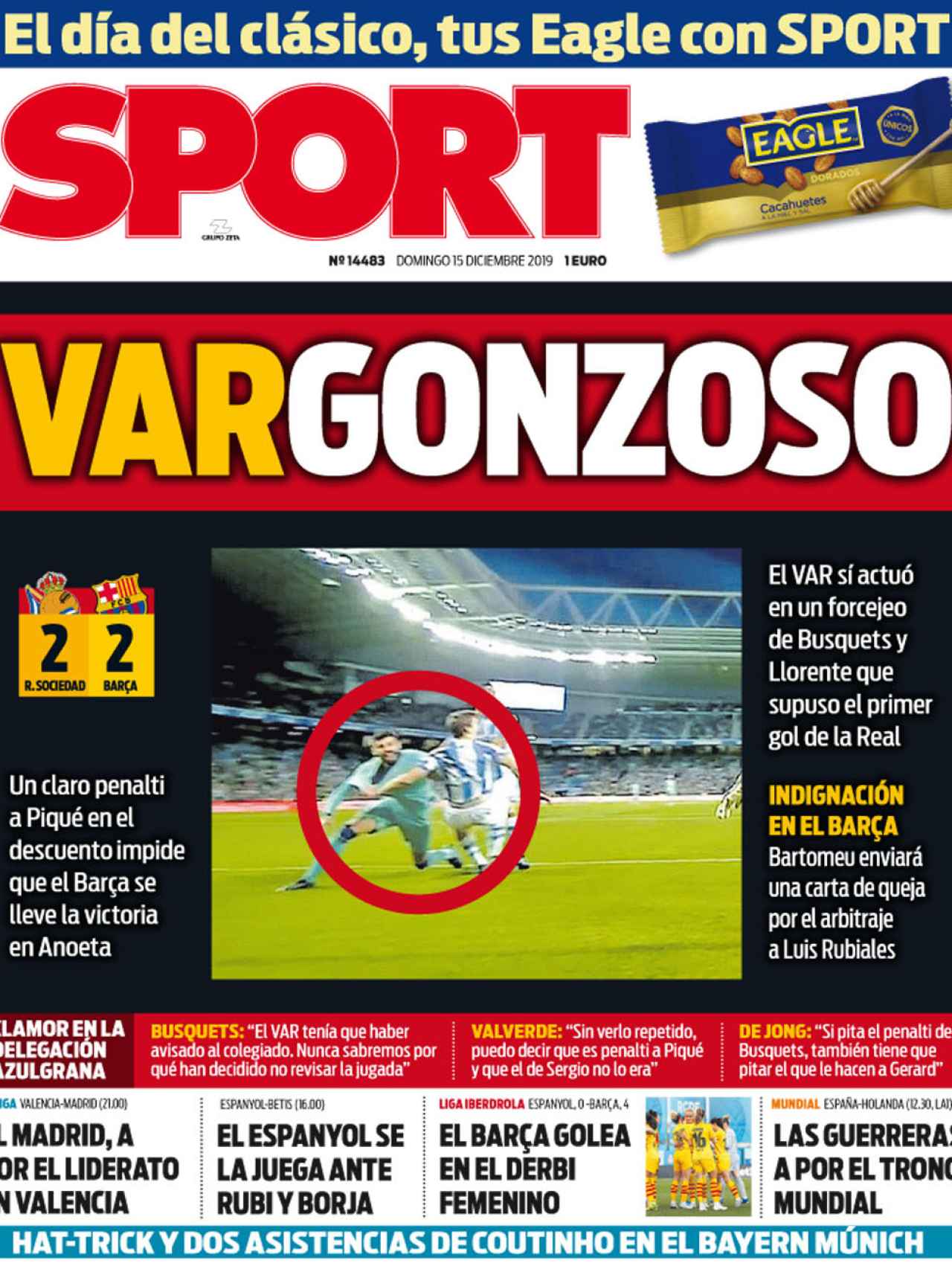 La portada del diario Sport (15/12/2019)