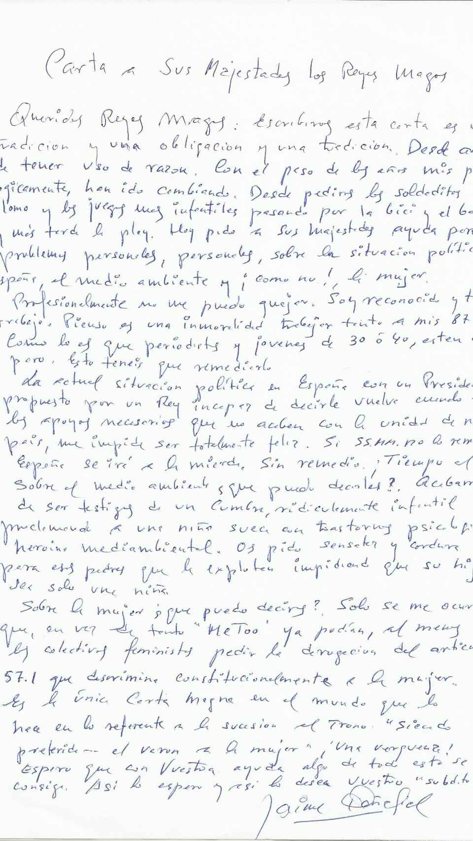 Carta manuscrita de Jaime Peñafiel a los Reyes Magos de Oriente.