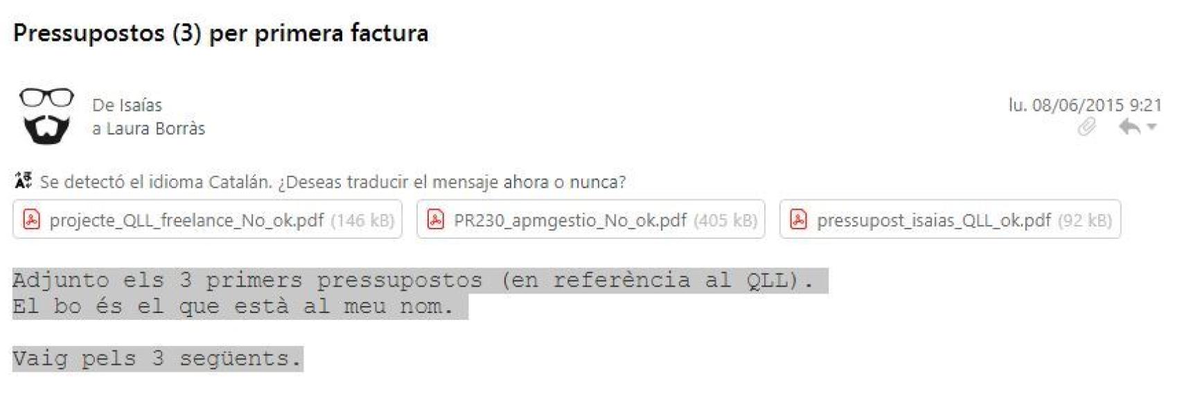 Correo de Herrero a Borràs adjuntándole presupuestos OK (el suyo) y NoOK (de relleno).