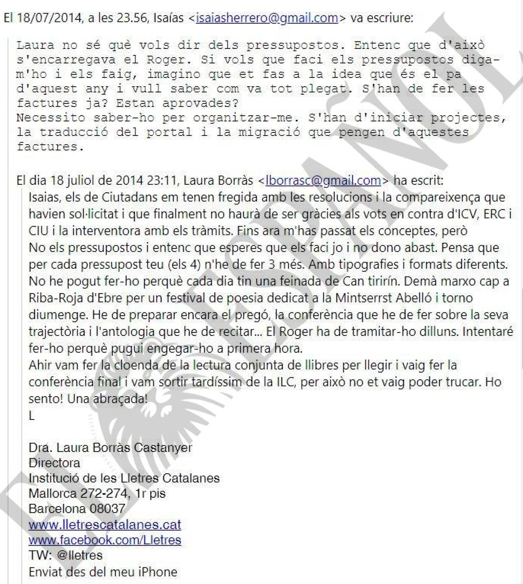Mails entre Borràs y Herrero sobre cómo elaborar los presupuestos./