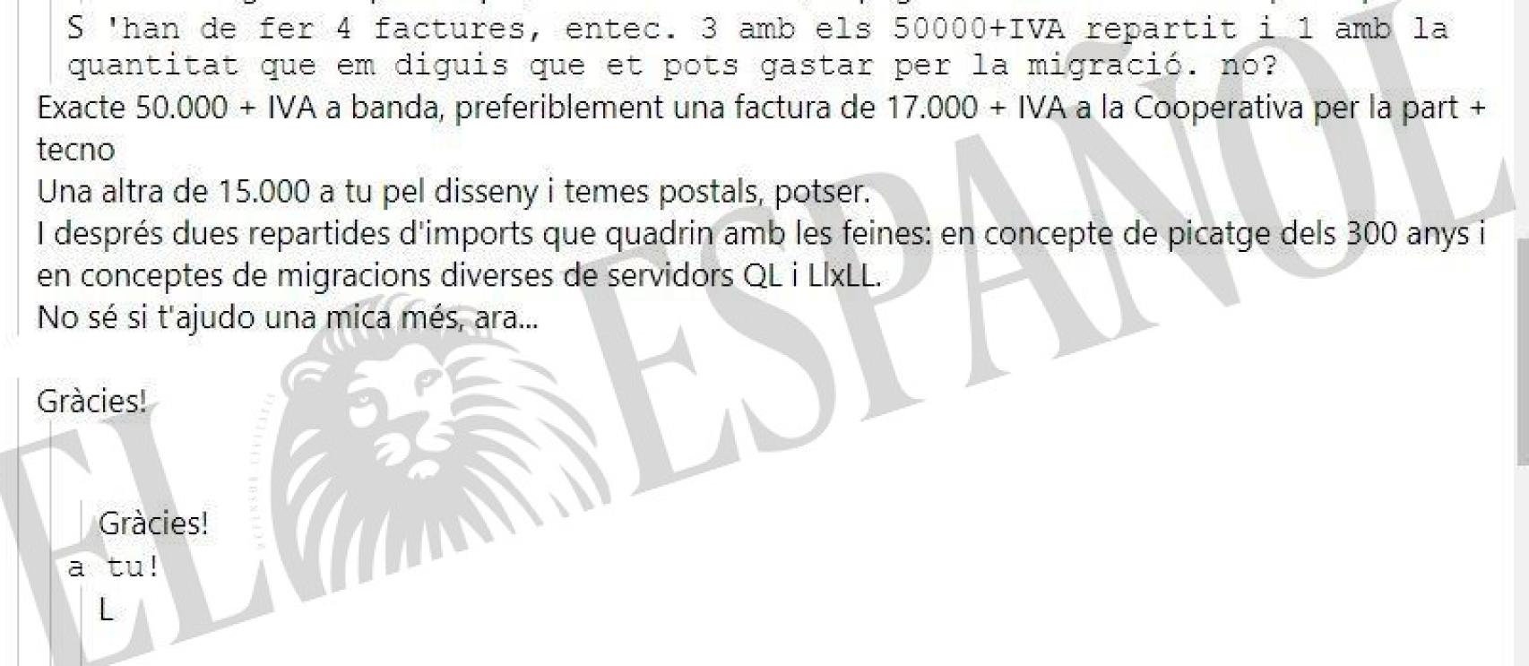 Mail de Borràs dando indicaciones sobre importe y conceptos de las facturas./