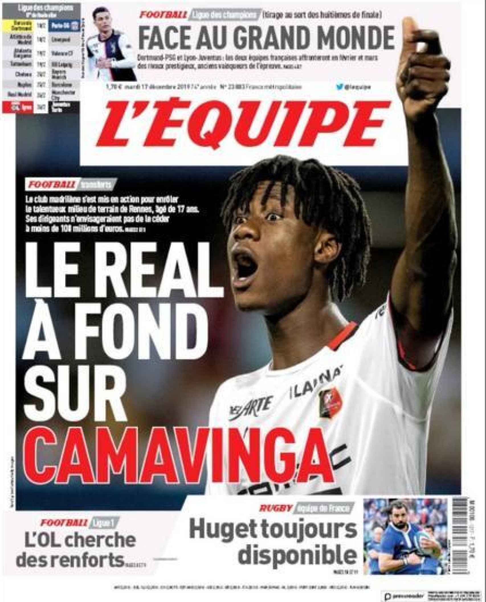 La portada del diario L'Équipe (17/12/2019)
