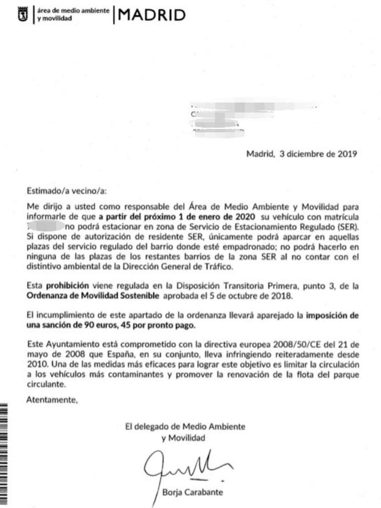La carta de información enviada por el Ayuntamiento de Madrid.