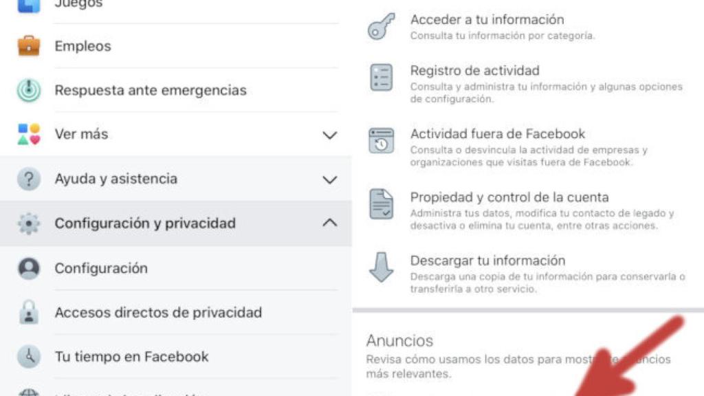 Configuración de anuncios en la app de Facebook