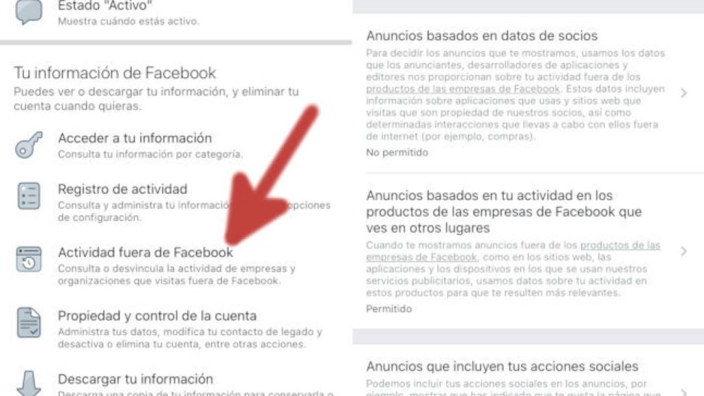 Configuración de actividad fuera de Facebook