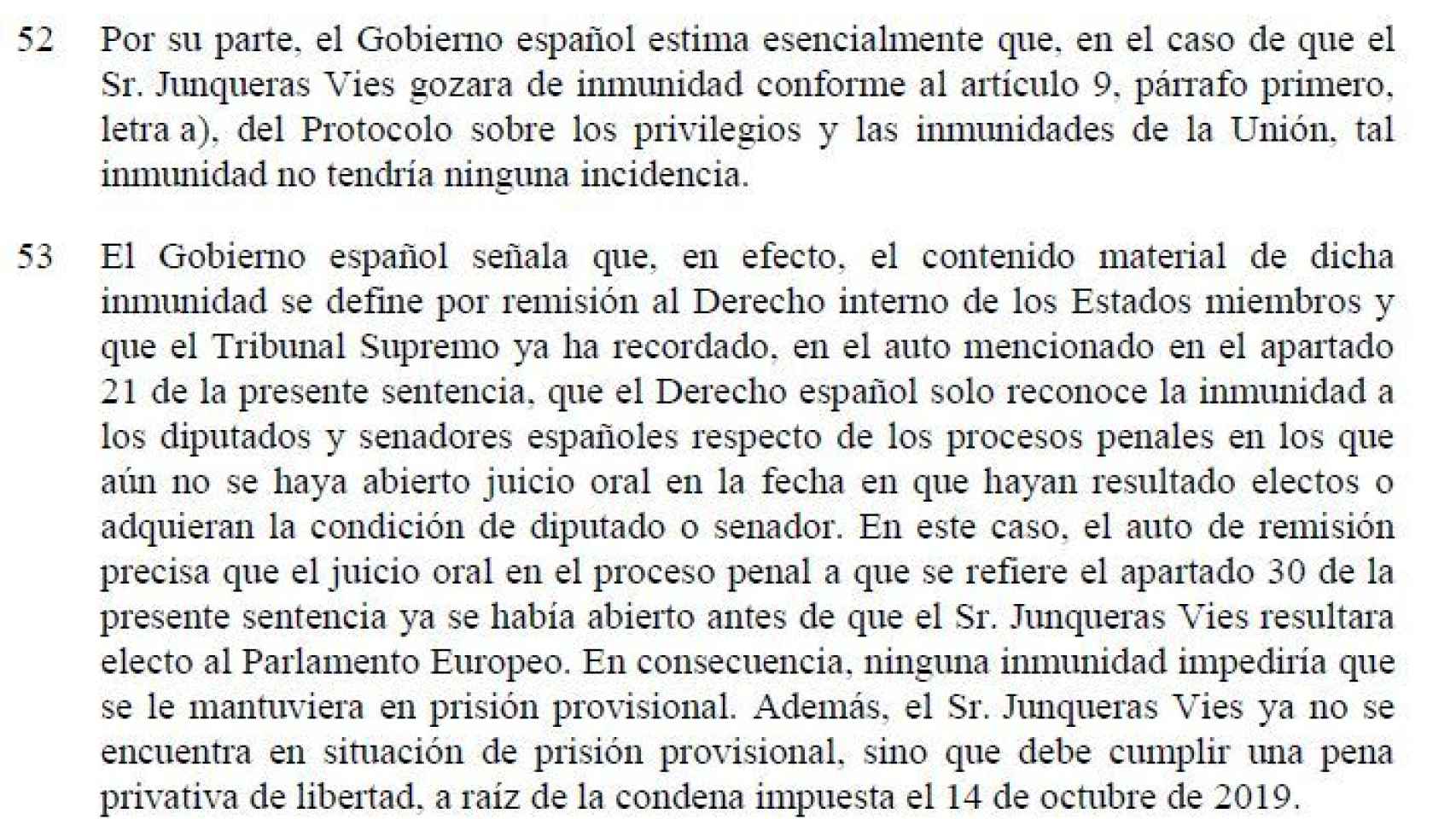 Parte de la sentencia del TJUE referida a la posición del Gobierno de España./