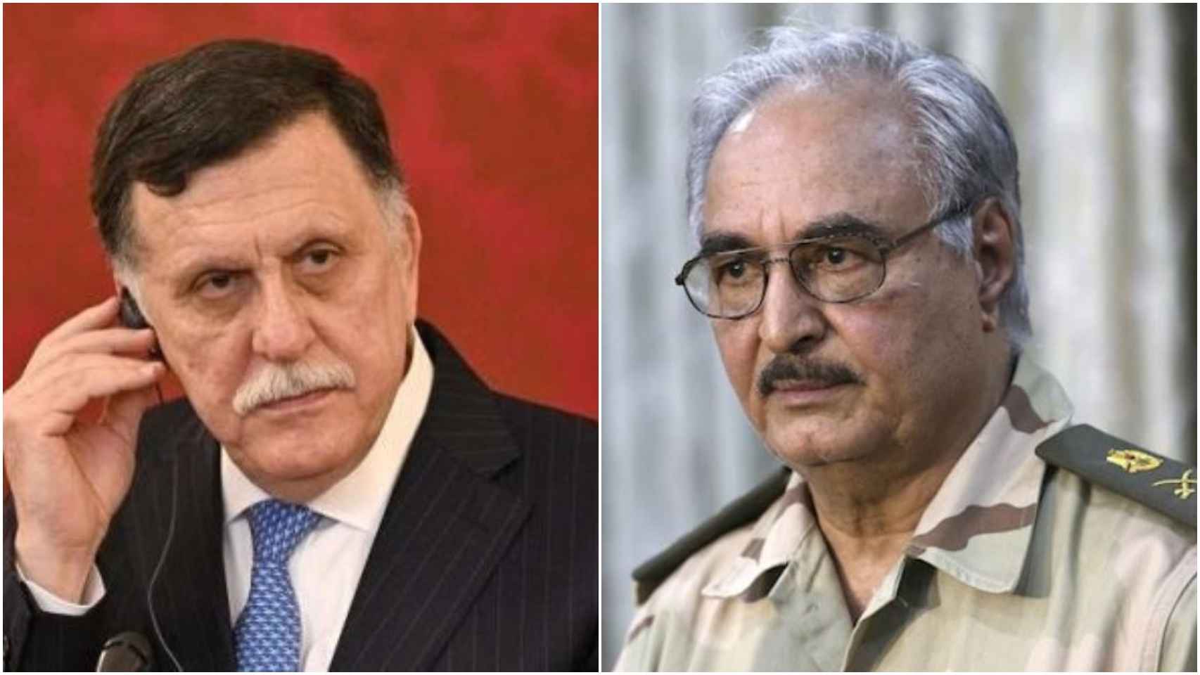 A la izquierda, el primer ministro de Libia reconocido por la comunidad internacional, Fayez al-Serraj; a la derecha, el general Haftar, jefe del autoproclamado Ejército Nacional Libio.