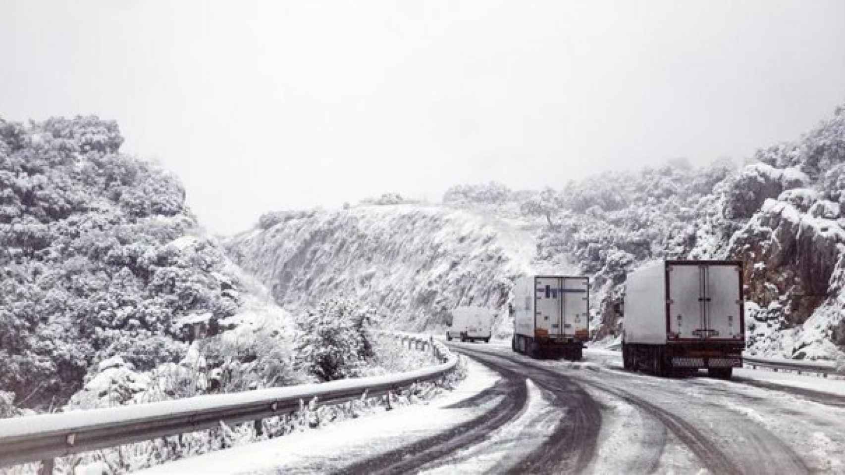 Varios camiones bloqueados en la carretera A-367 de acceso a la localidad de Ronda (Málaga).