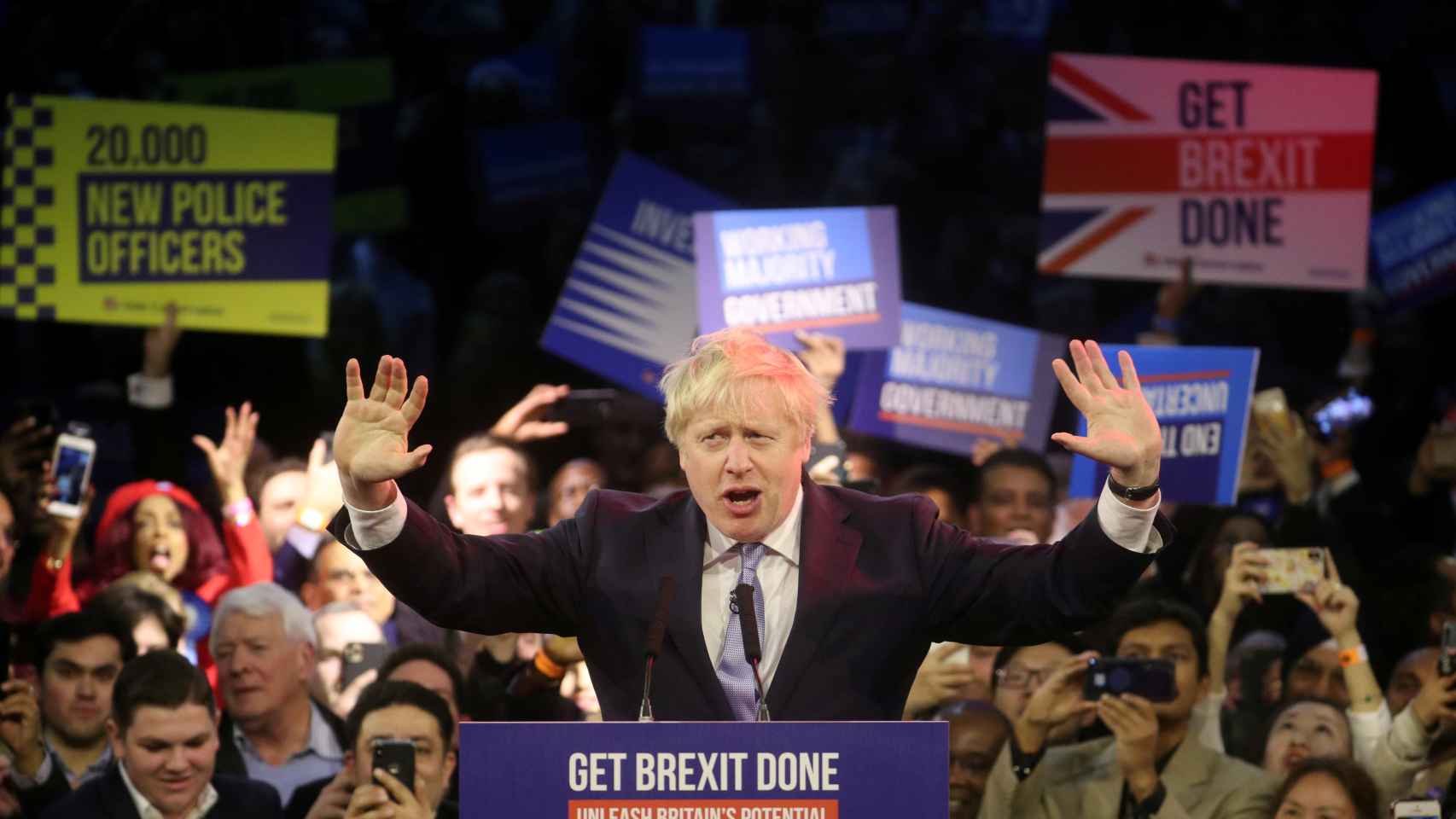 Boris Johnson en uno de sus últimos mítines antes de arrasar en las elecciones.