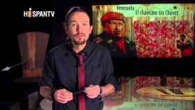 Pablo Iglesias, presentando un reportaje sobre la Venezuela posterior a Hugo Chávez en su programa de HispanTV, una cadena financiada por Irán.