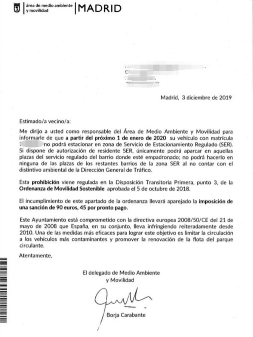 La carta de información enviada por el Ayuntamiento de Madrid.