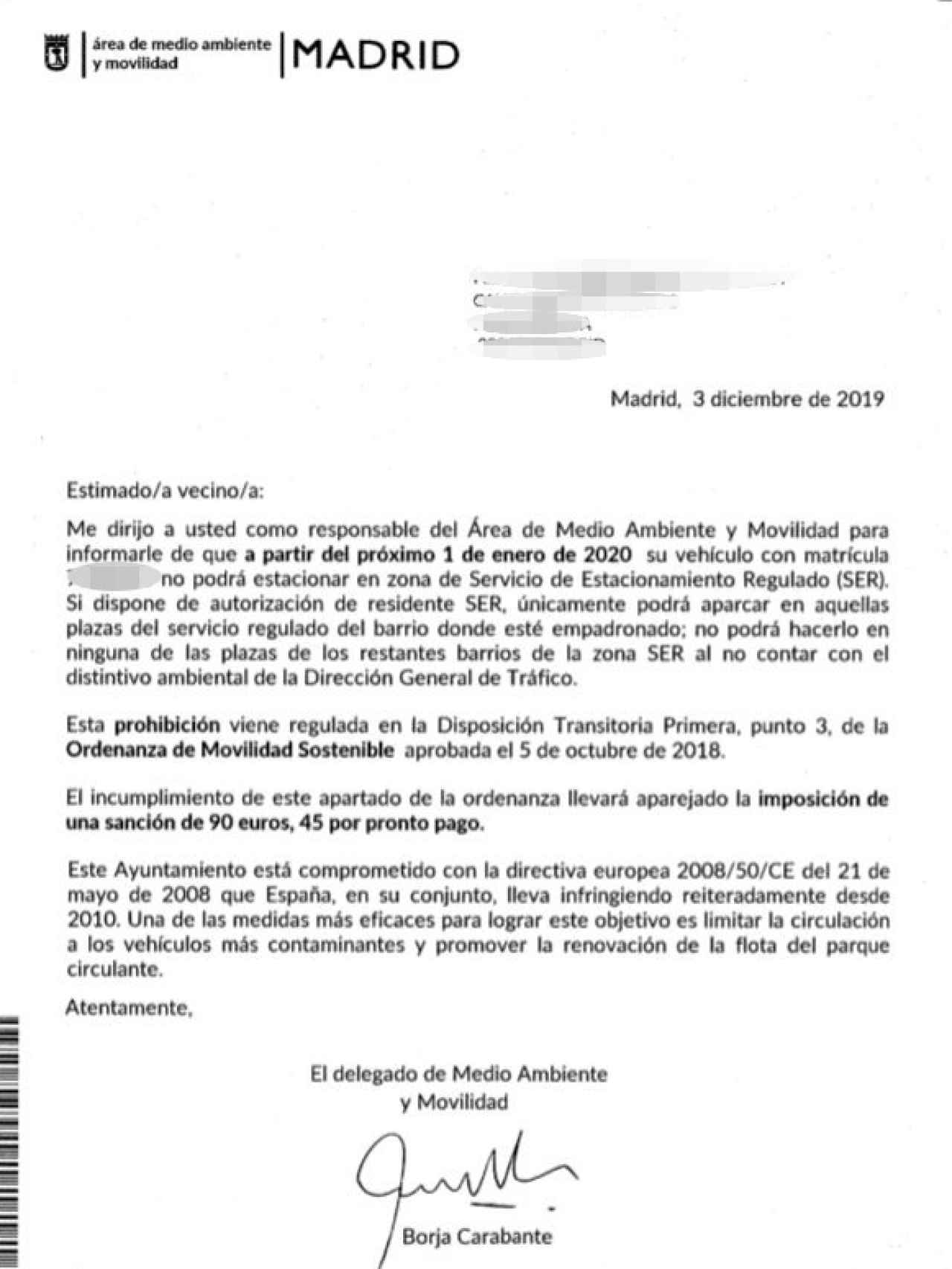 La carta de información enviada por el Ayuntamiento de Madrid.