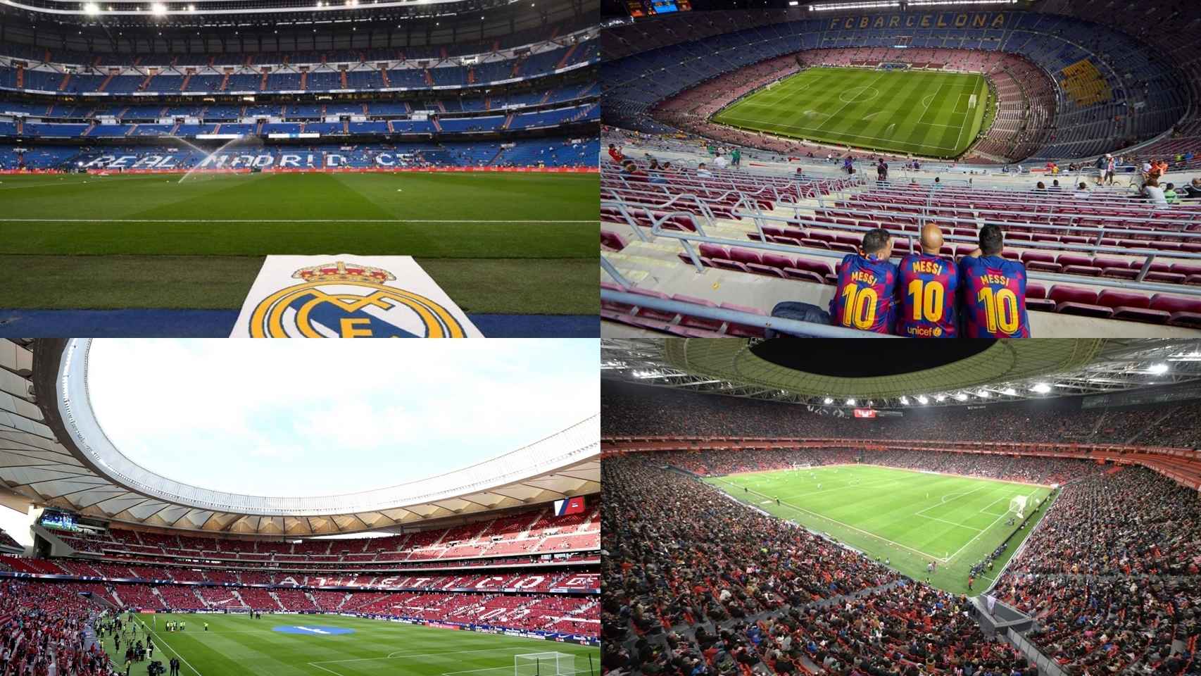 El Santiago Bernabéu, el Camp Nou, el Metropolitano y el Nuevo San Mamés.